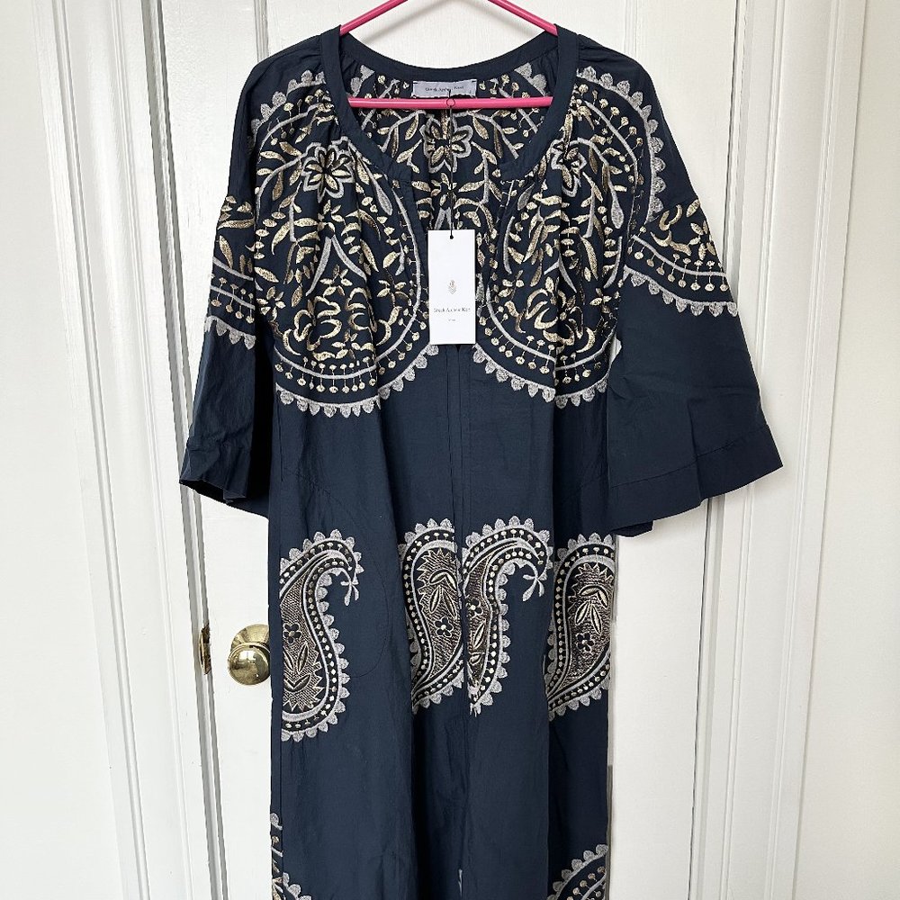 Greek Archaic Kori Navy Dress with Gold and White Embroidery Size S